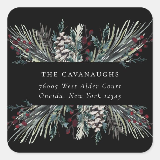 Rustic Winter Boughs Holiday Address Square Sticker (Front)