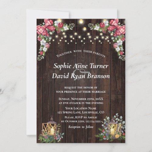 Rustic Winter Bouquet Gingham Bow Wood Wedding Invitation