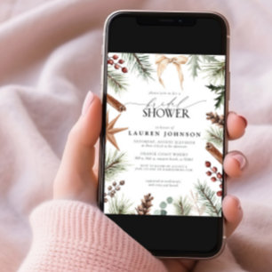 Rustic Winter Bow Evergreen Berry Bridal Shower Invitation