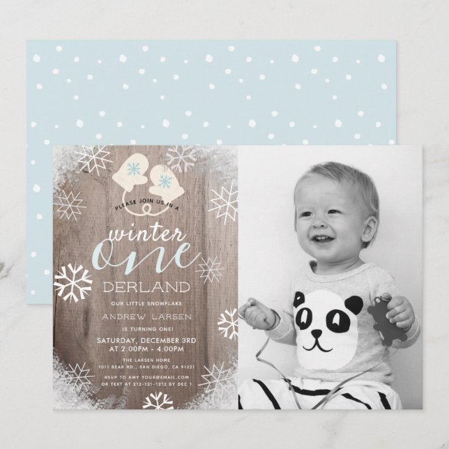 Rustic Winter Boy's 1st Birthday Photo Invitation (Front/Back)