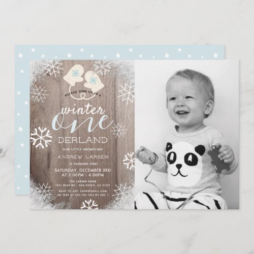 Rustic Winter Boys 1st Birthday Photo Invitation