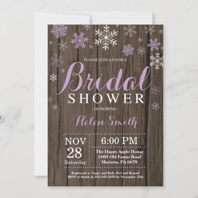 Rustic Winter Bridal Shower Purple Snowflake Invitation (Front)