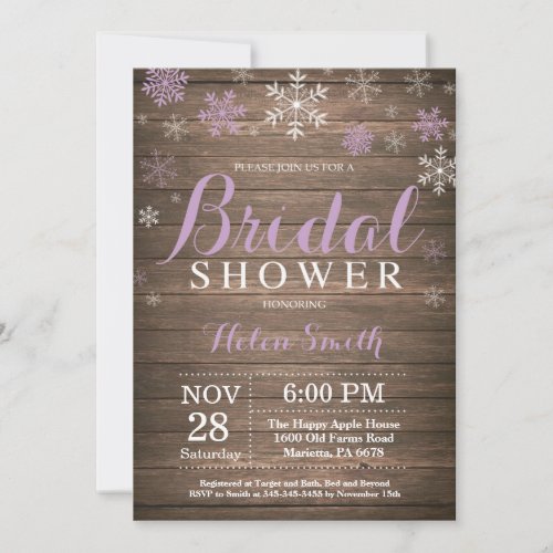 Rustic Winter Bridal Shower Purple Snowflake Invitation