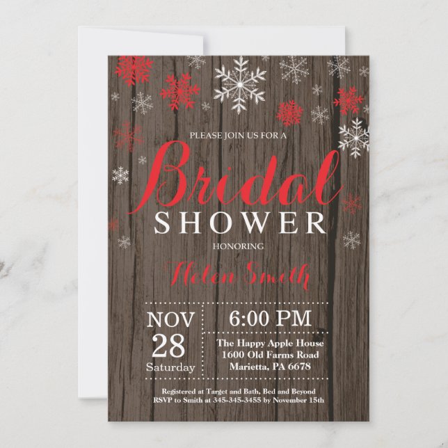 Rustic Winter Bridal Shower Red Snowflake Invitation (Front)