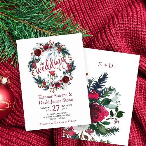 Rustic winter burgundy floral wreath wedding invitation