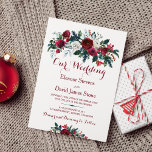 Rustic winter burgundy pine green floral wedding invitation<br><div class="desc">Floral bouquet of red burgundy and white peony roses with pine green fir branches and foliage wedding invitation template with a fancy modern contemporary changeable script text. Please note that the background color on the front and on the back are editable. To change the color and also the fonts and...</div>
