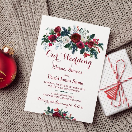 Rustic winter burgundy pine green floral wedding invitation