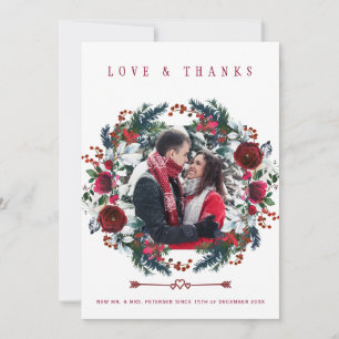 Rustic Winter Burgundy Roses Wedding Thank You Card