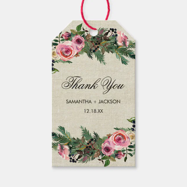 Rustic Winter Burlap Pine Rose Wedding Thank You Gift Tags | Zazzle
