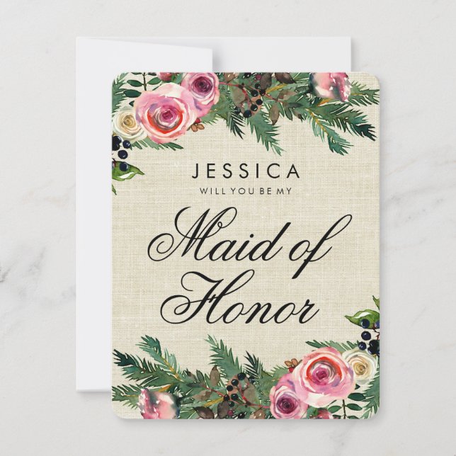 Rustic Winter Burlap Will You Be My Maid of Honor Invitation (Front)