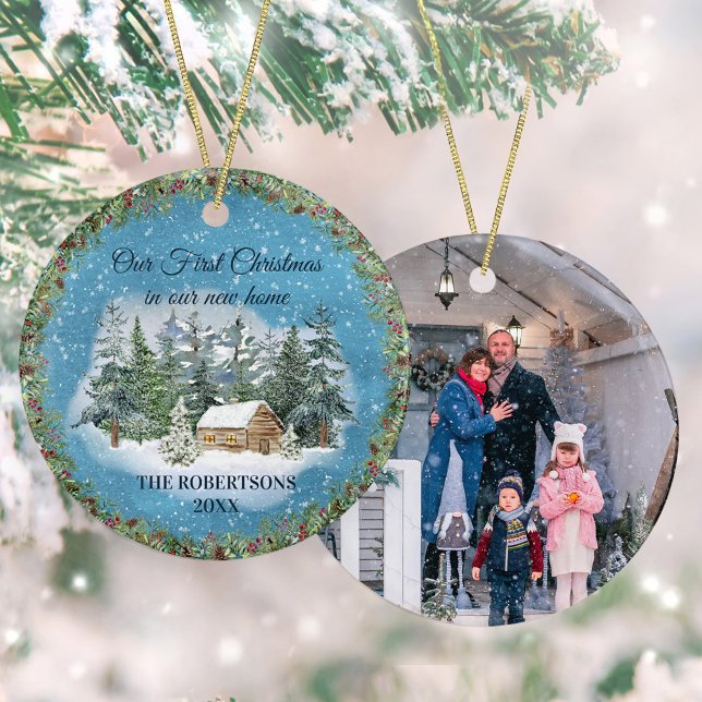 Rustic Winter Cabin First Christmas New Home Photo Ceramic Ornament (Creator Uploaded)