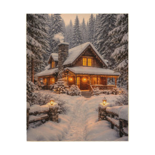 Rustic Winter Cabin in Falling Snow Wood Wall Art