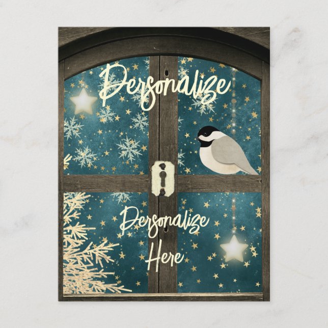 Rustic winter cabin window star snowflake bird enclosure card (Front)