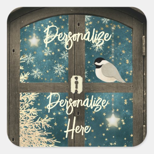 Rustic winter cabin window star snowflake bird square sticker