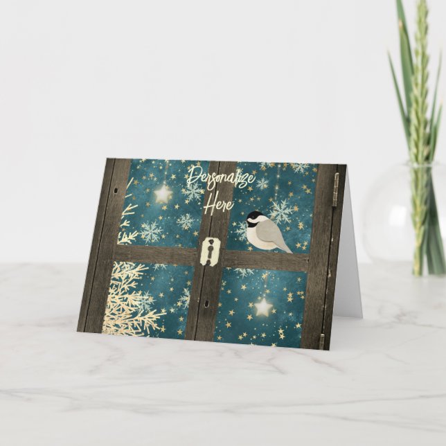 Rustic winter cabin window star snowflake chickade card (Front)