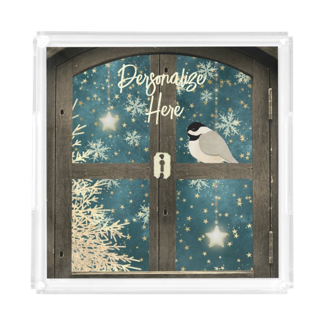 Rustic winter cabin window stars, snowflakes bird acrylic tray (Front)