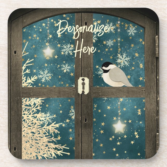 Rustic winter cabin window stars, snowflakes bird beverage coaster (Front)