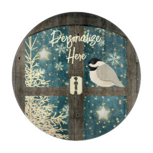 Rustic winter cabin window stars, snowflakes bird cutting board