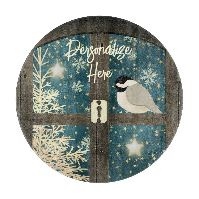 Rustic winter cabin window stars, snowflakes bird cutting board (Front)