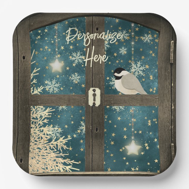 Rustic winter cabin window stars, snowflakes bird paper plates (Front)