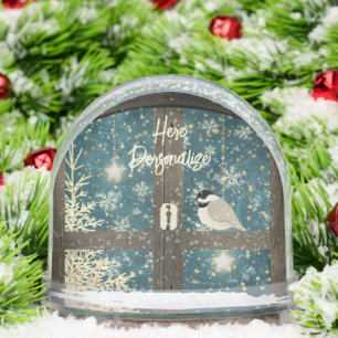 Rustic winter cabin window stars, snowflakes bird snow globe