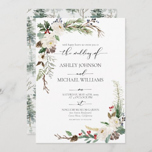 Rustic Winter Calligraphy Botanical Wedding Invitation