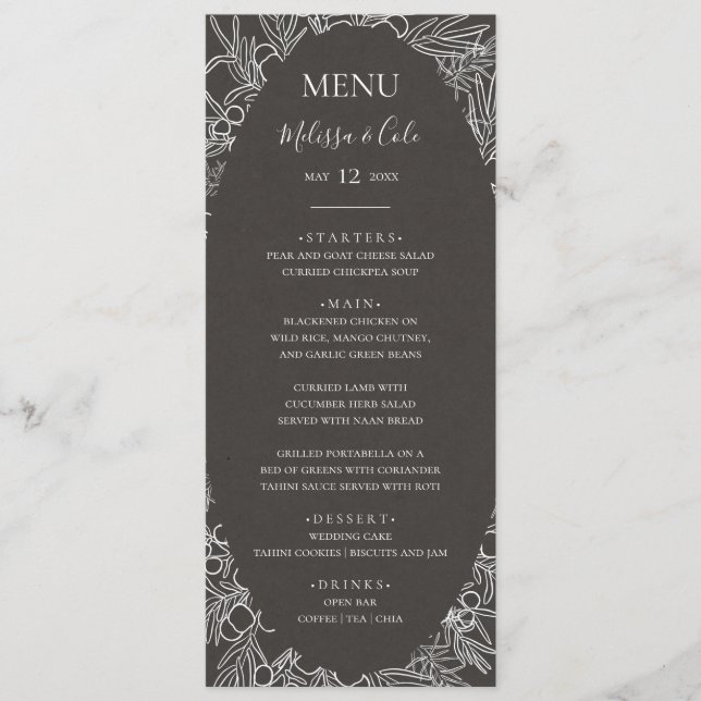 Rustic Winter | Charcoal Wedding Dinner Menu (Front)