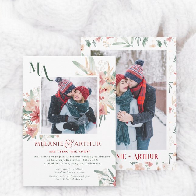 Rustic Winter Christmas Floral 2 Photo Wedding Save The Date (Rustic Winter Christmas Floral 2 Photo Wedding Save The Date)