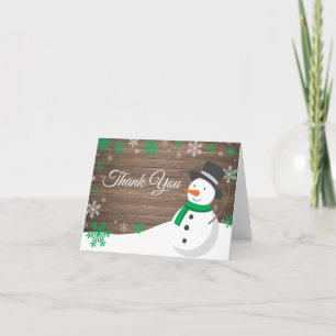 Rustic Winter Christmas Green Snowman Letterpress Thank You Card