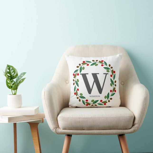 Rustic Winter Christmas Monogram Initial Wreath Throw Pillow (Chair)