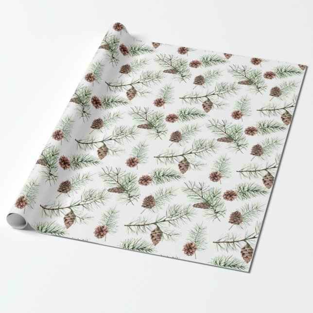Rustic Winter Christmas Pinecone Branches Gift Wrapping Paper (Unrolled)