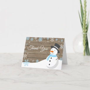 Rustic Winter Christmas Snowman Blue Letterpress Thank You Card