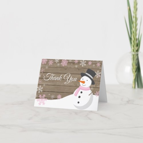 Rustic Winter Christmas Snowman Pink Thank You Card