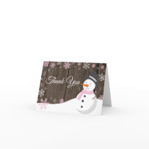 Rustic Winter Christmas Snowman Pink Thank You Card