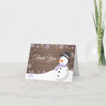 Rustic Winter Christmas Snowman Purple Thank You Card