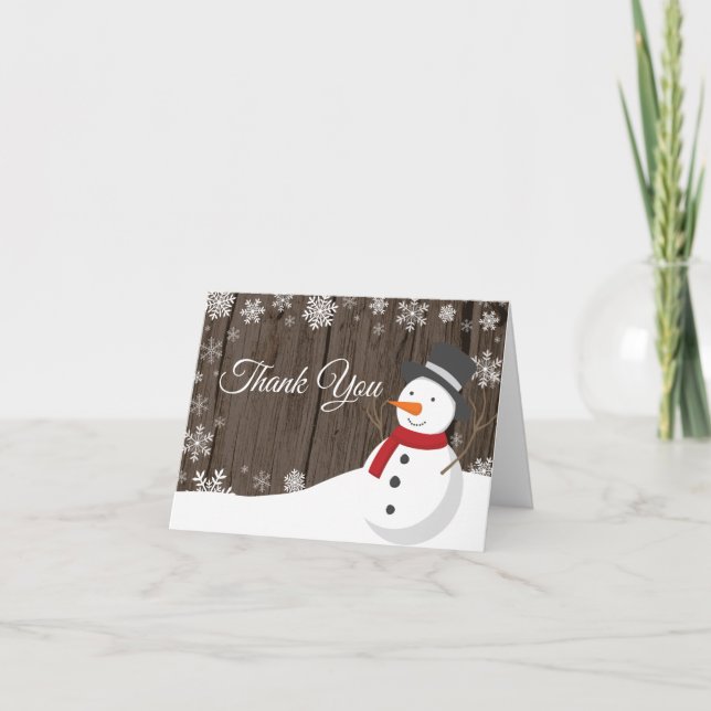 Rustic Winter Christmas Snowman Thank You Card (Front)