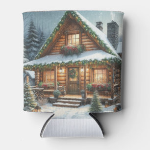 Rustic Winter/Christmas snowy cabin Can Cooler
