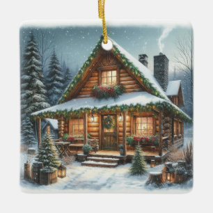 Rustic Winter/Christmas snowy cabin Ceramic Ornament