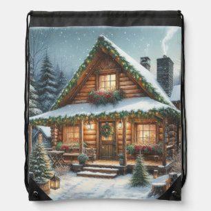 Rustic Winter/Christmas snowy cabin Drawstring Bag