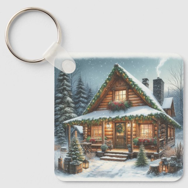 Rustic Winter/Christmas snowy cabin Keychain (Front)