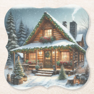 Rustic Winter/Christmas snowy cabin Paper Coaster