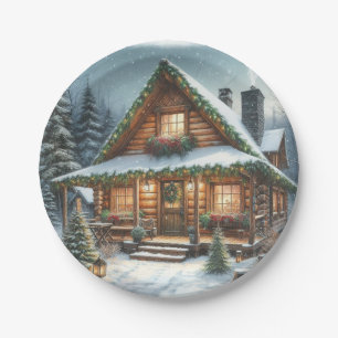 Rustic Winter/Christmas snowy cabin Paper Plates