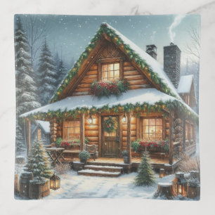 Rustic Winter/Christmas snowy cabin Trinket Tray