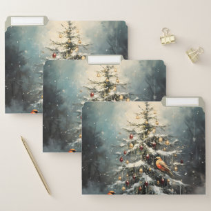 Rustic Winter Christmas Tree Snowy Red Birds File Folder