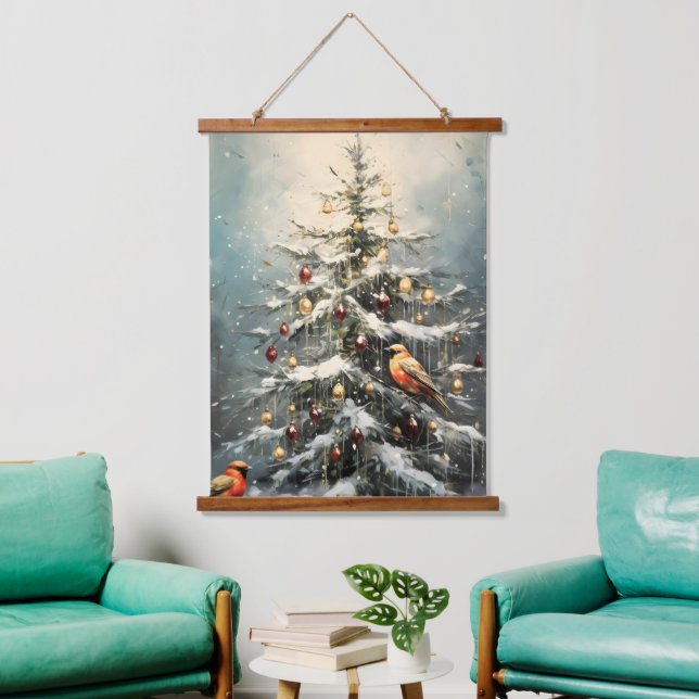 Rustic Winter Christmas Tree Snowy Red Birds  Hanging Tapestry (Living Room)