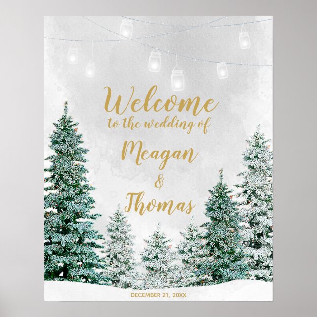 Rustic winter christmas tree wedding welcome sign (Front)