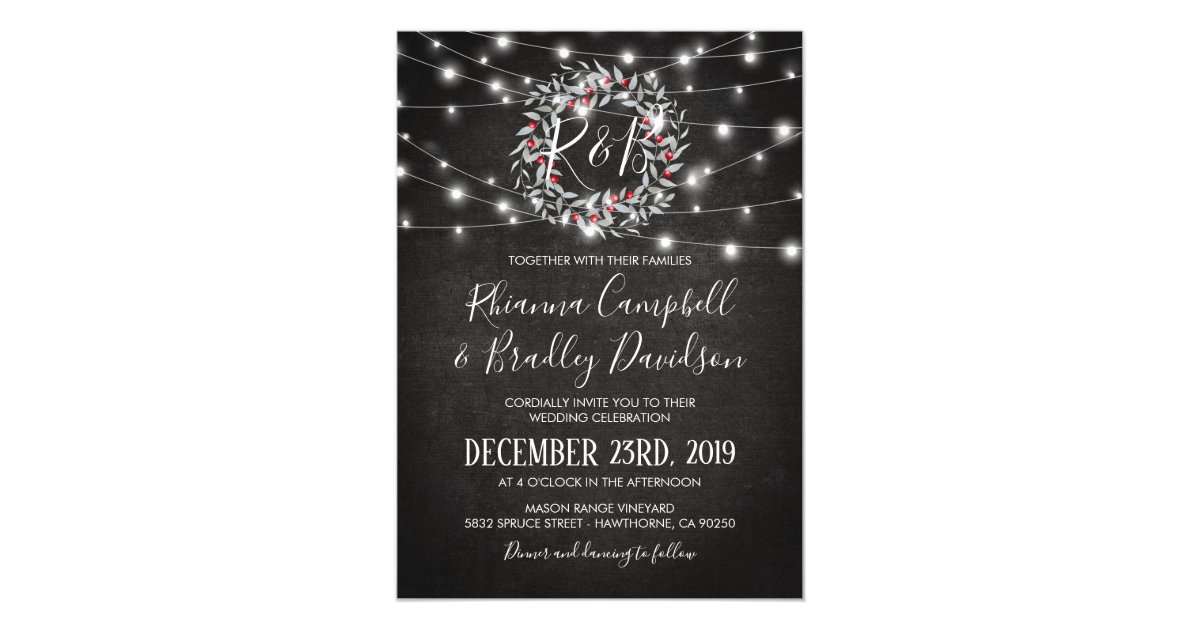 Rustic Winter Christmas Wreath Lights Wedding Invitation | Zazzle.com