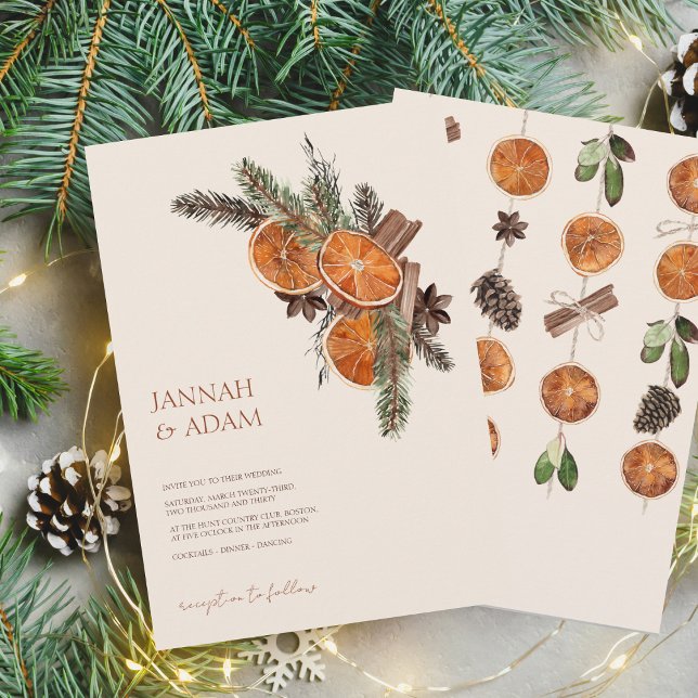Rustic Winter Citrus and Pine Wedding Invitation (Winter Orange Slices Dried Citrus Cinnamon Wedding Invitation)