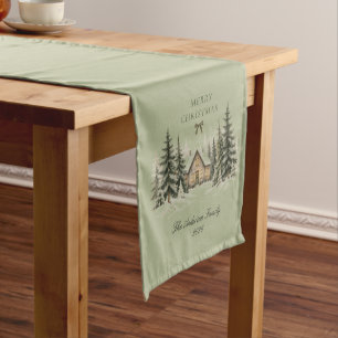 Rustic Winter Cottage Merry Christmas Olive Family Short Table Runner