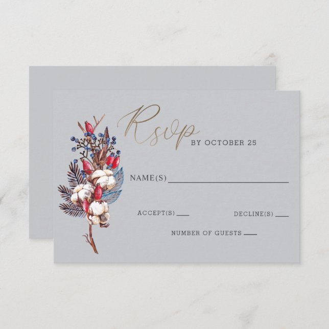 Rustic Winter Cotton Blue Red Berries Wedding  RSVP Card (Front/Back)
